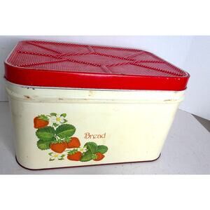 Vintage Cheinco Enamelware Metal Bread Bin Strawberries READ